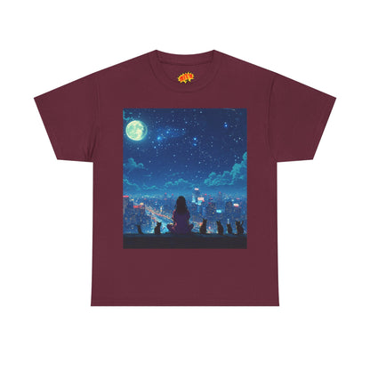 Anime Full Moon City Scene w/Girl & Cats T-Shirt