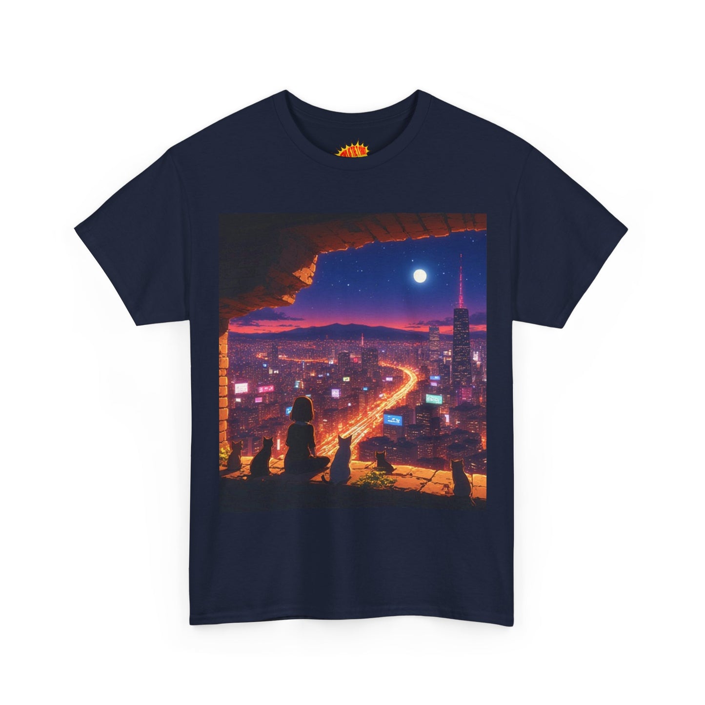 Anime Neon Cityscape Full Moon Scene w/Girl & Cats T-Shirt *Multiple Colors*