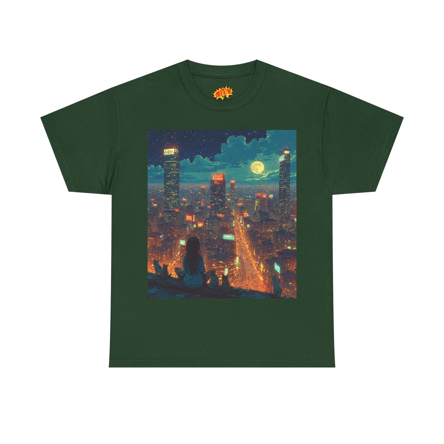 Nighttime Neon Anime Cityscape w/Girl & Cats T-Shirt *Multiple Colors*
