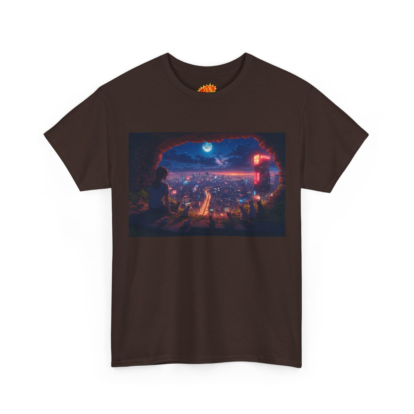 Anime Neon Cityscape Nighttime Scene w/Girl & Cats T-Shirt *Multiple Colors*