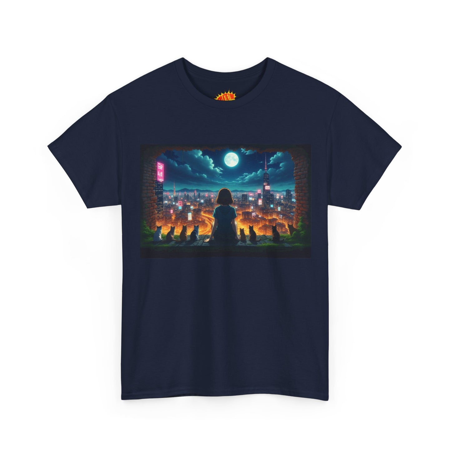 Anime Neon City Night Scene w/Girl & Cats T-Shirt *Multiple Colors*