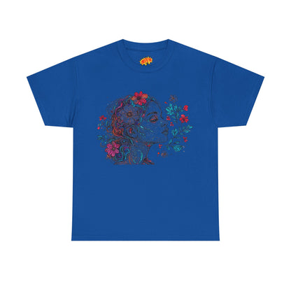 Multicolor Line Drawing Human Graphic Flower Art Tee Shirt