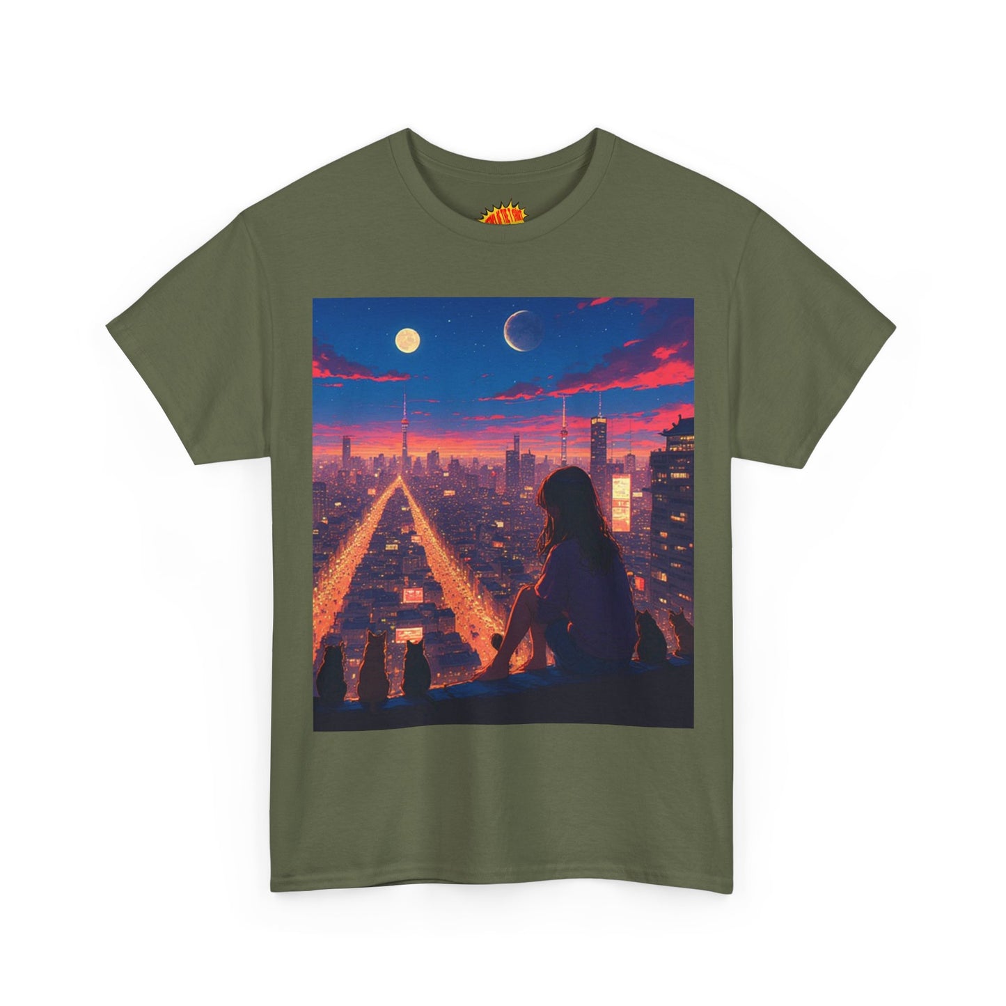 Anime City Twin Moon Scene w/Cats T-Shirt *Multiple Colors*