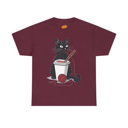 Black Cat w/Noodles + Yarn Ball Art Drawing Tee Shirt