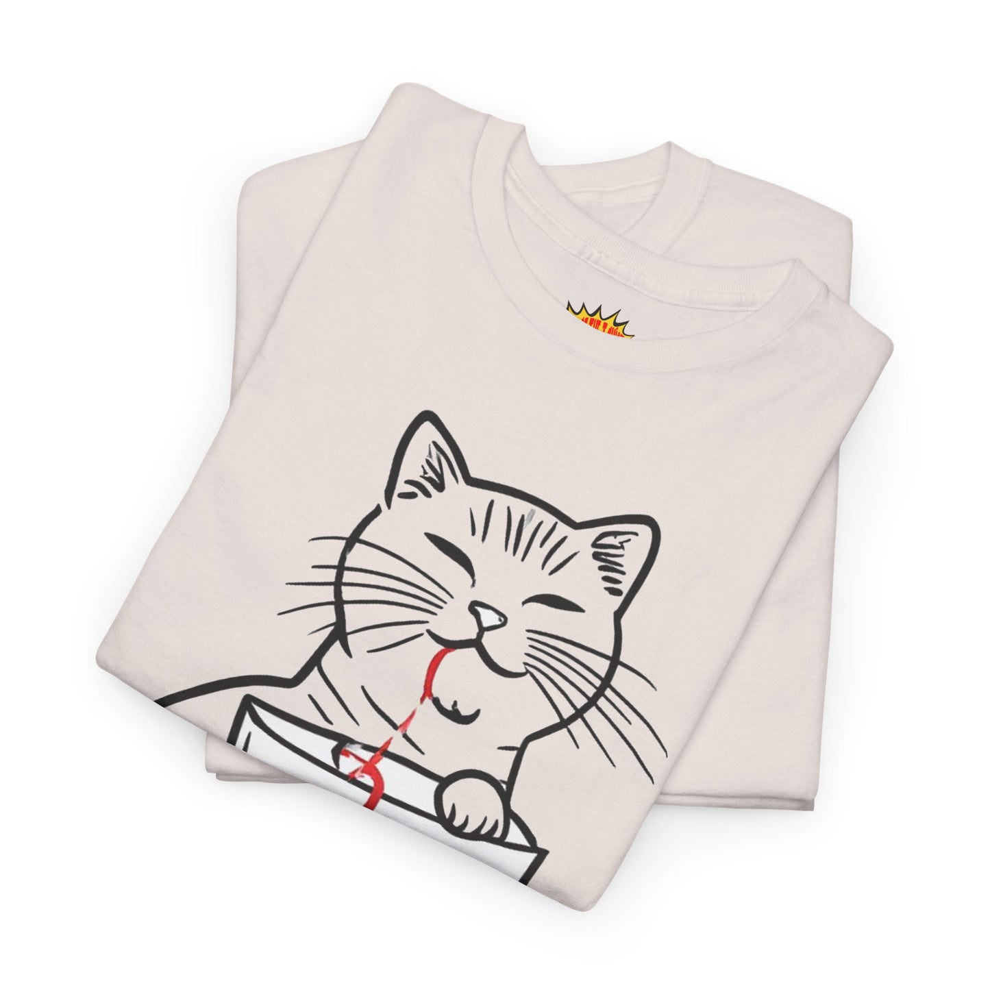 Cat w/Noodle Cup + Yarn Ball Art Drawing Tee Shirt *Multiple Colors*