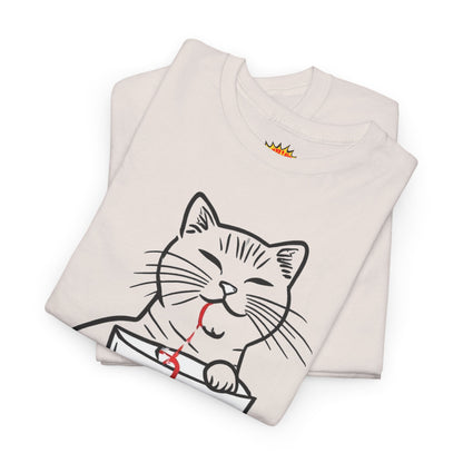 Cat w/Noodle Cup + Yarn Ball Art Drawing Tee Shirt