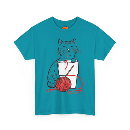 Cat w/Noodle Cup + Yarn Ball Art Drawing Tee Shirt