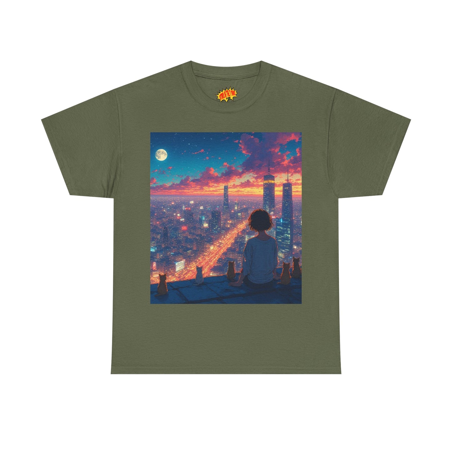 Neon City Anime Nighttime Scene w/Cats T-Shirt *Multiple Colors*