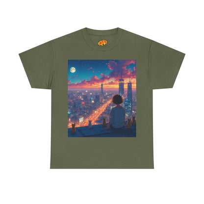 Neon City Anime Nighttime Scene w/Cats T-Shirt