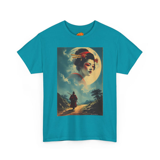 Vintage Style Walking Samurai w/Full Moon Geisha Woman T-Shirt *Multiple Colors*