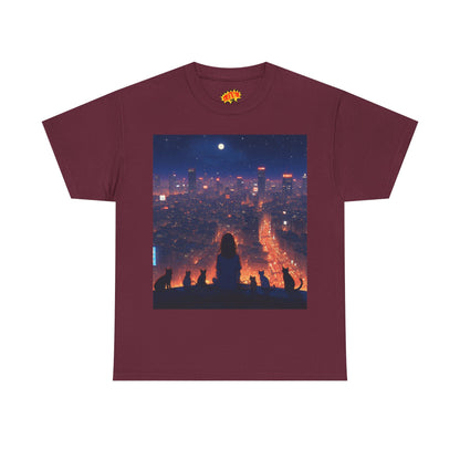 Neon City Anime Nighttime Scene w/Girl & Cats T-Shirt