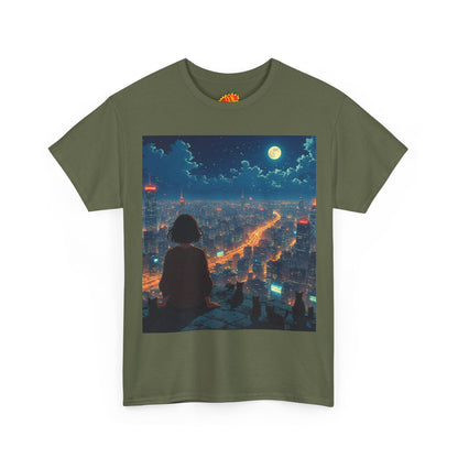 Neon City Anime Night Scene w/Girl & Cats T-Shirt
