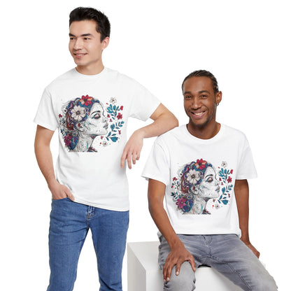 Multicolor Line Drawing Human Graphic Flower Art Tee Shirt