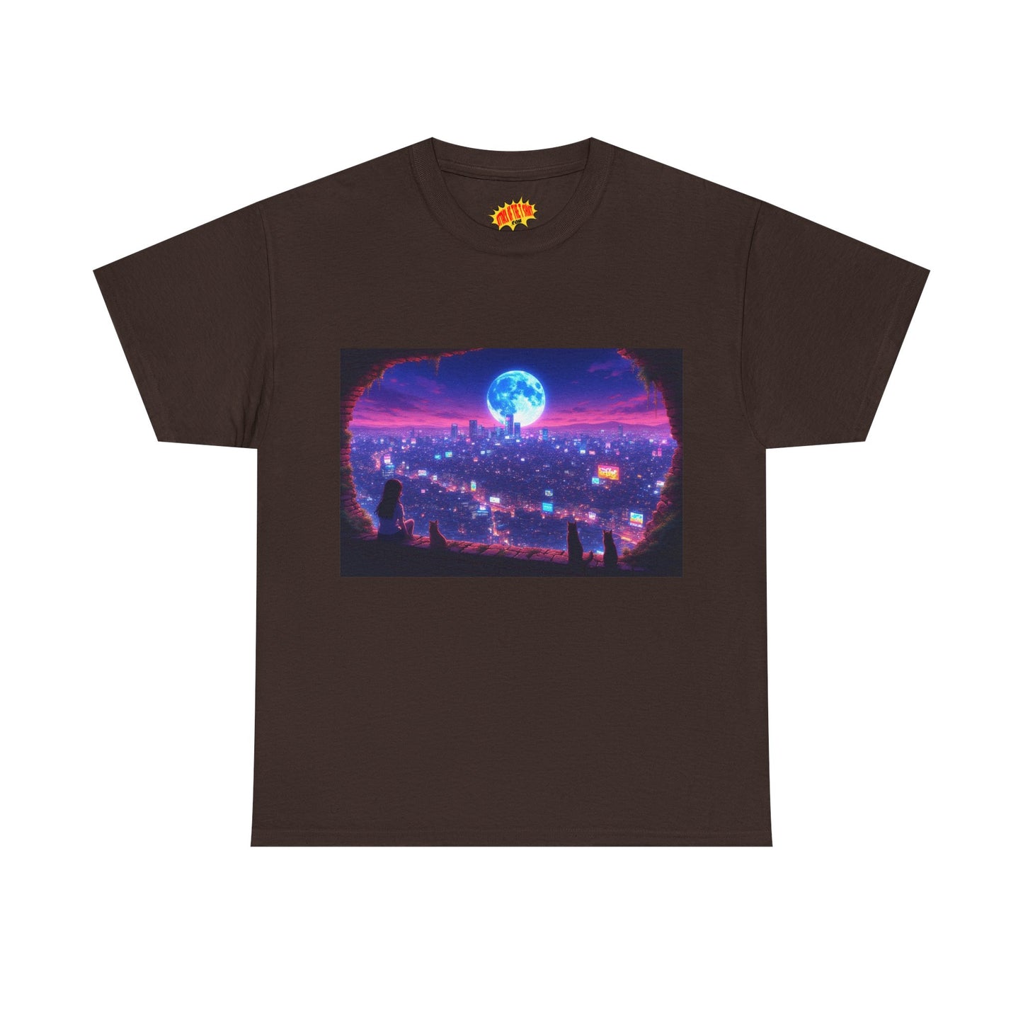 Neon Anime Cityscape Full Moon Scene w/Girl & Cats T-Shirt *Multiple Colors*