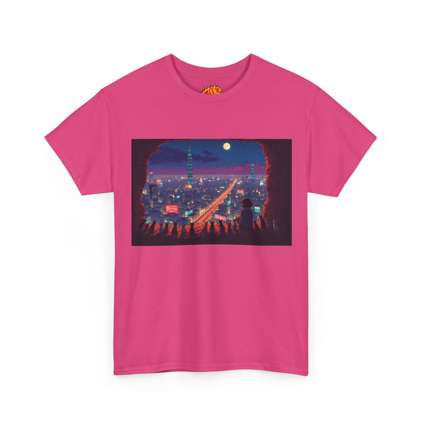 Anime Neon Cityscape Scene w/Cats T-Shirt *Multiple Colors*