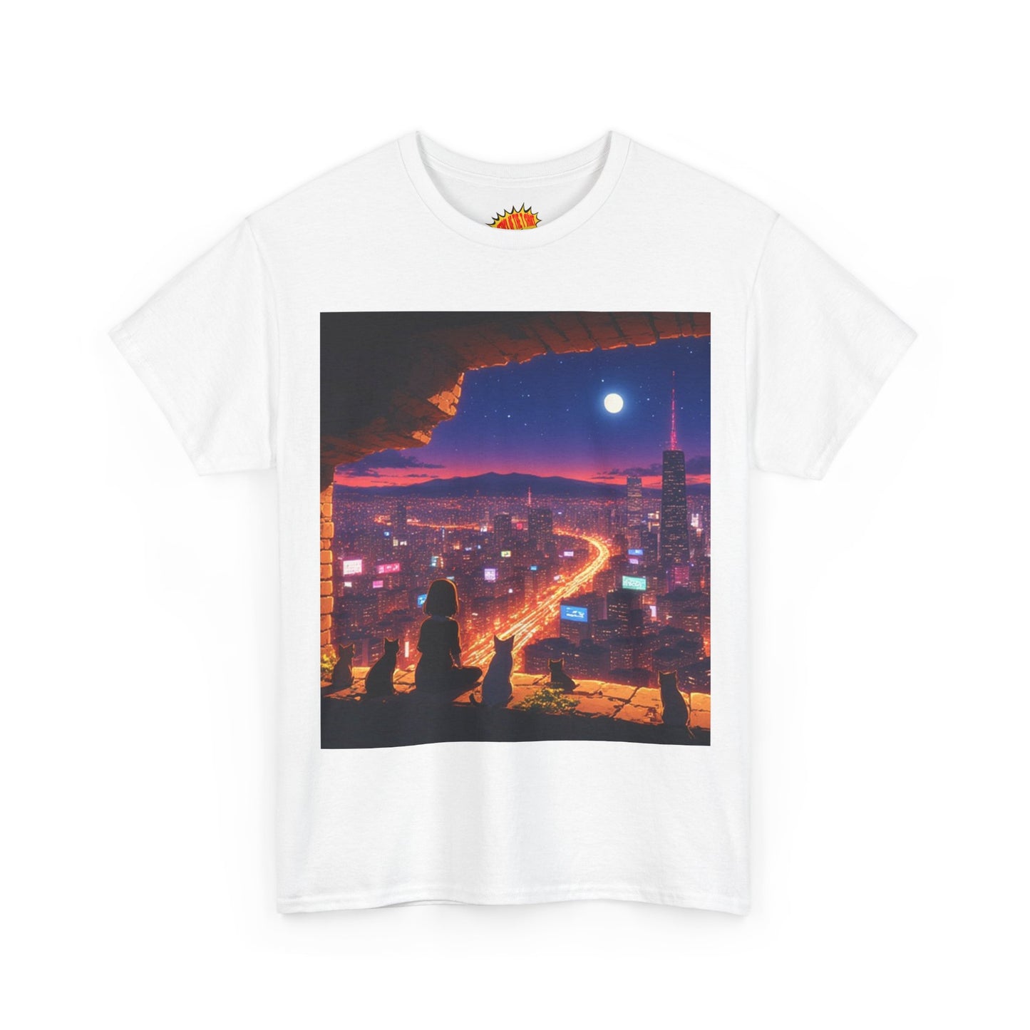 Anime Neon Cityscape Full Moon Scene w/Girl & Cats T-Shirt *Multiple Colors*