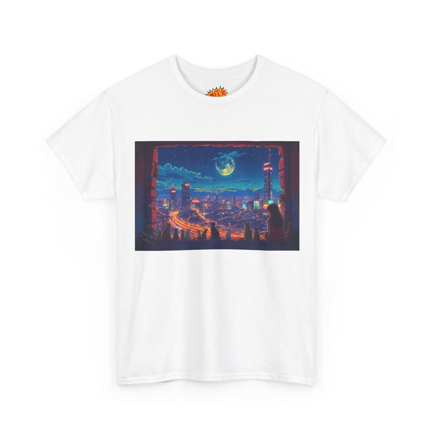 Anime Cityscape Night Scene w/Girl & Cats T-Shirt *Multiple Colors*