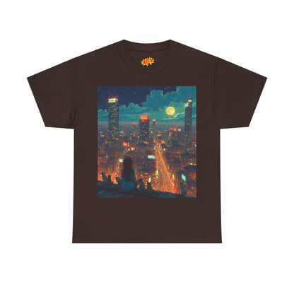 Nighttime Neon Anime Cityscape w/Girl & Cats T-Shirt