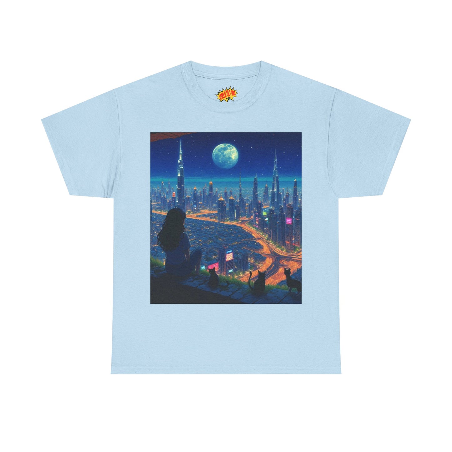 Anime City Full Moon Scene w/Girl & Cats T-Shirt *Multiple Colors*
