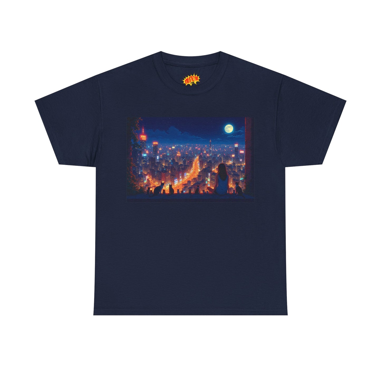 Anime City Night Scene w/Girl & Cats T-Shirt *Multiple Colors*