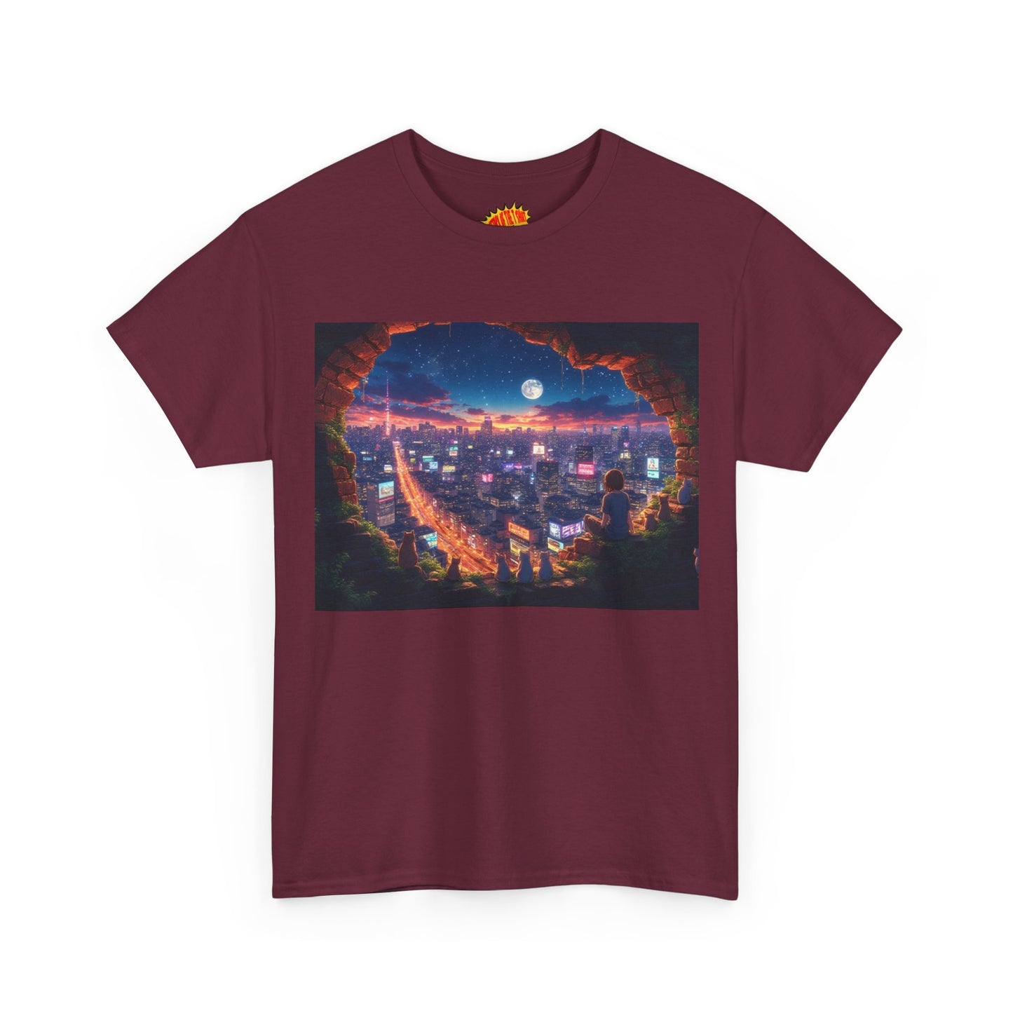 Anime Neon City Nighttime Scene w/Girl & Cats T-Shirt *Multiple Colors*