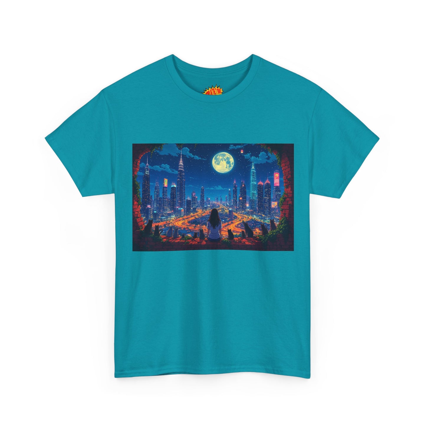Anime City Night Scene w/Girl & Cats T-Shirt *Multiple Colors*