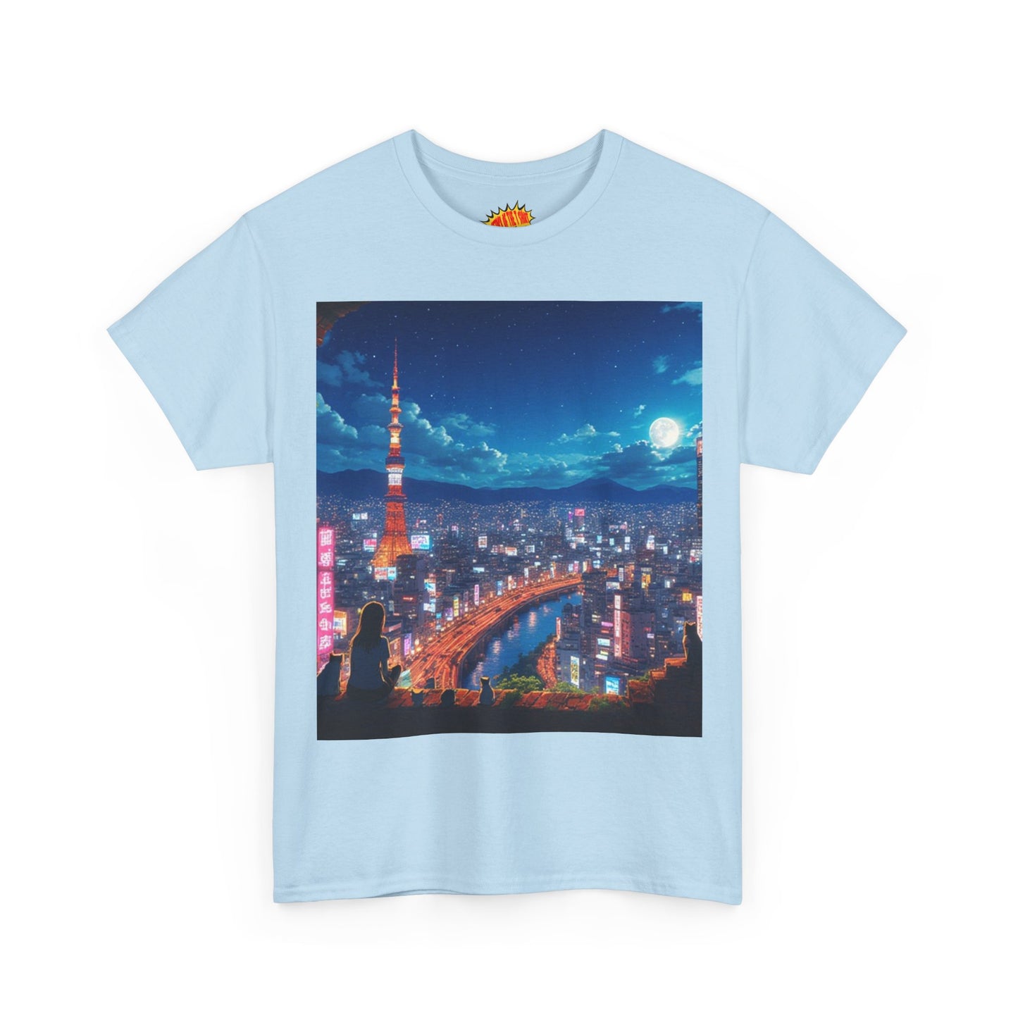 Neon Cityscape Nighttime Anime Scene w/Girl & Cats T-Shirt *Multiple Colors*