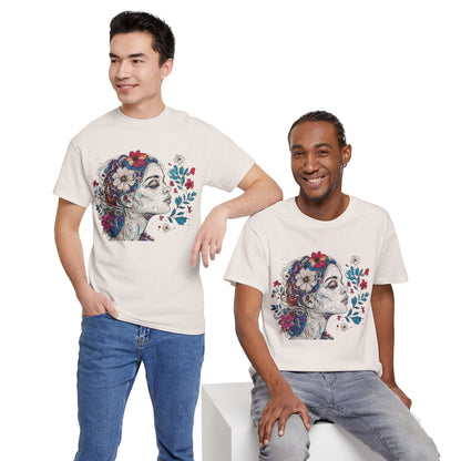 Multicolor Line Drawing Human Graphic Flower Art Tee Shirt
