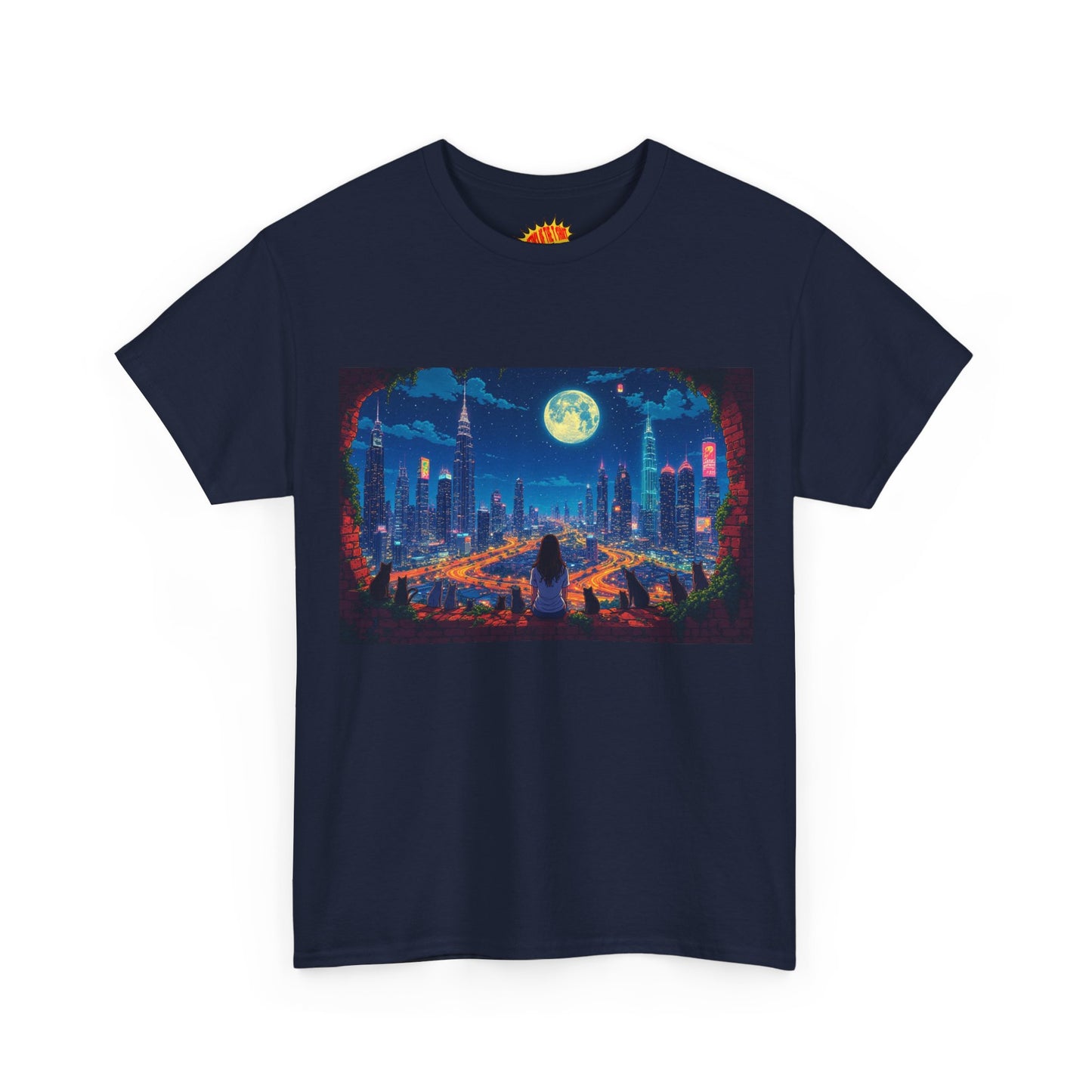 Anime City Night Scene w/Girl & Cats T-Shirt *Multiple Colors*