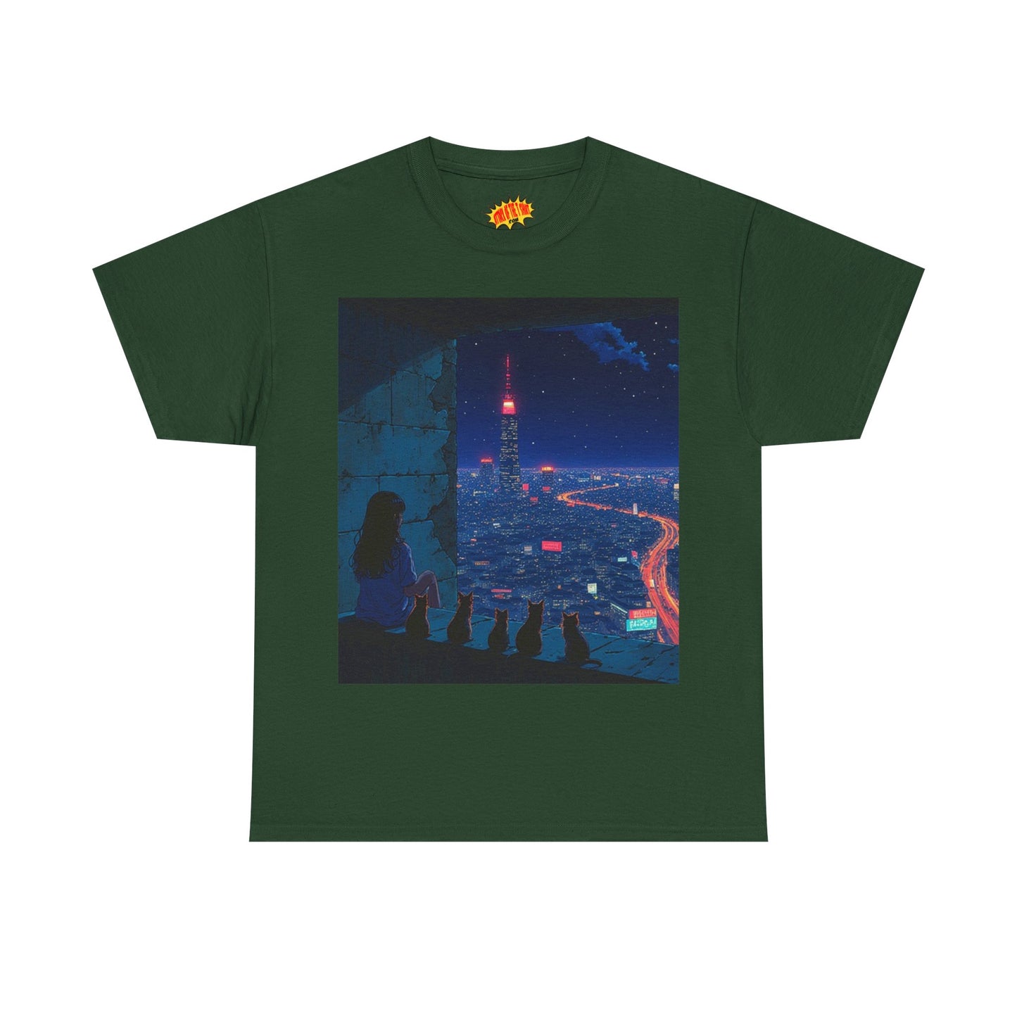 Anime Cityscape Night Scene w/Girl & Cats T-Shirt *Multiple Colors*
