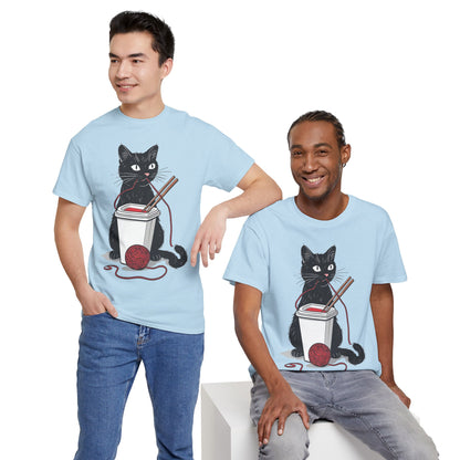 Black Cat w/Noodles + Yarn Ball Art Drawing Tee Shirt