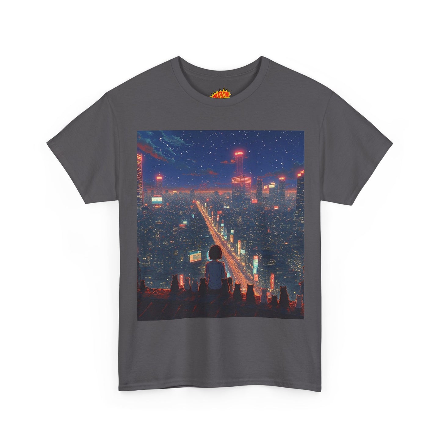 Nighttime Neon Anime City Scene w/Girl & Cats T-Shirt *Multiple Colors*
