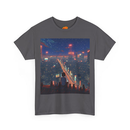 Nighttime Neon Anime City Scene w/Girl & Cats T-Shirt