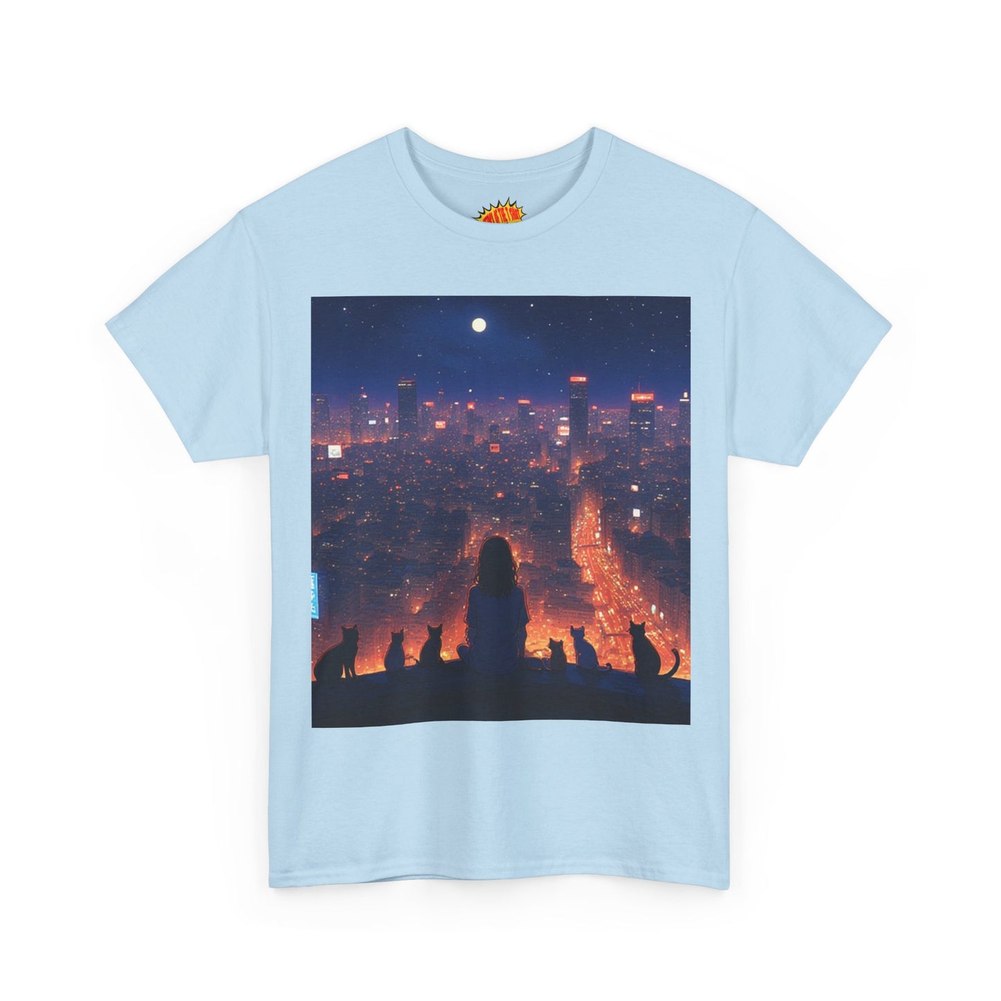 Neon City Anime Nighttime Scene w/Girl & Cats T-Shirt *Multiple Colors*