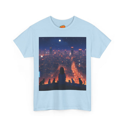 Neon City Anime Nighttime Scene w/Girl & Cats T-Shirt