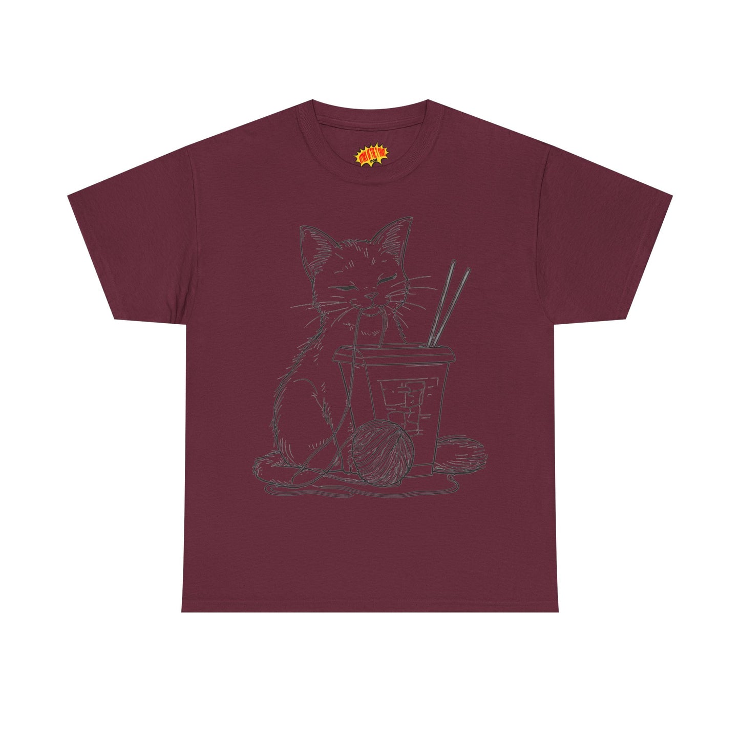 Cat w/Takeout + Yarn Ball Line Drawing Tee Shirt *Multiple Colors*