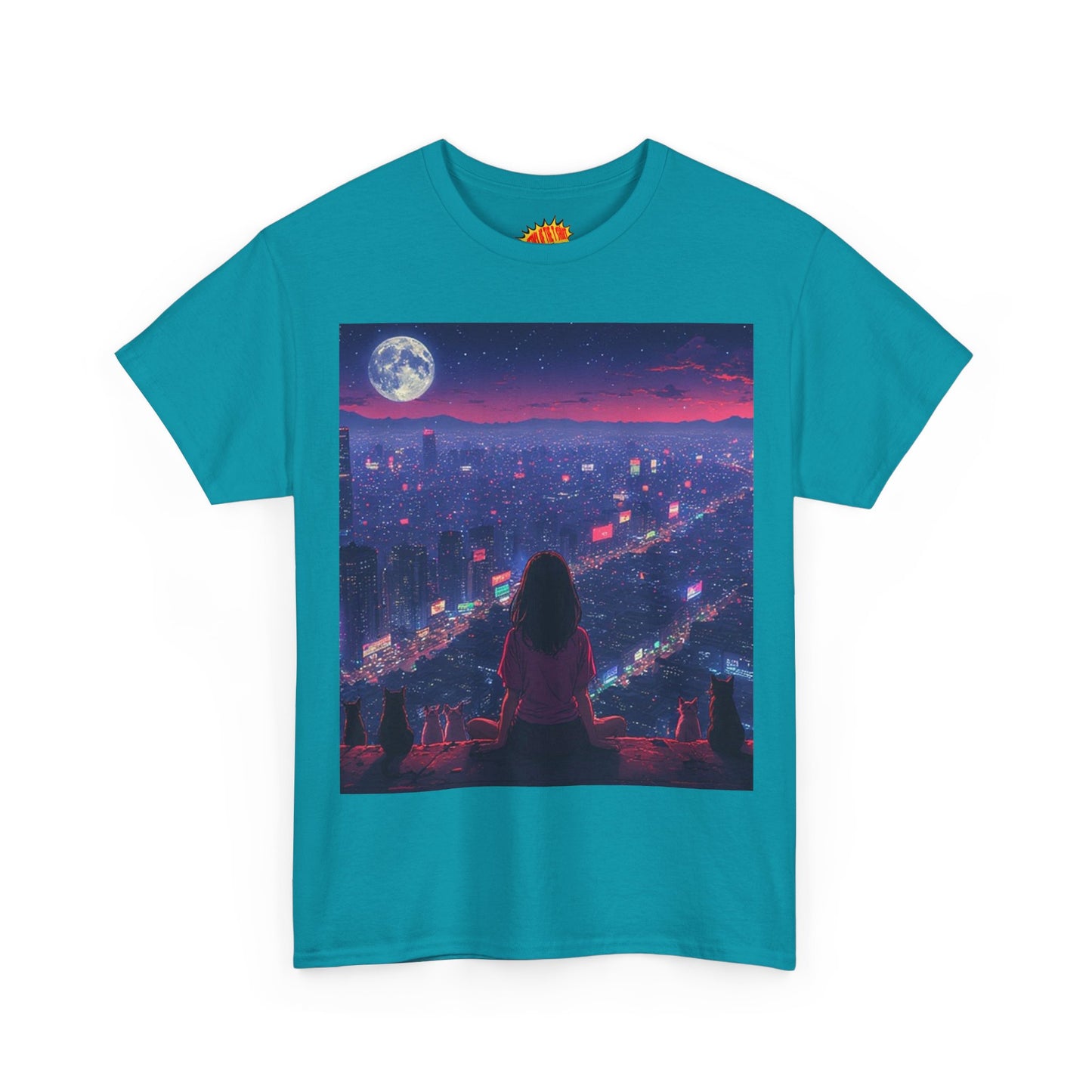 Anime City Neon Night Scene w/Girl & Cats T-Shirt *Multiple Colors*