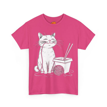 Happy Cat w/Noodles + Yarn Ball Art Drawing Tee Shirt