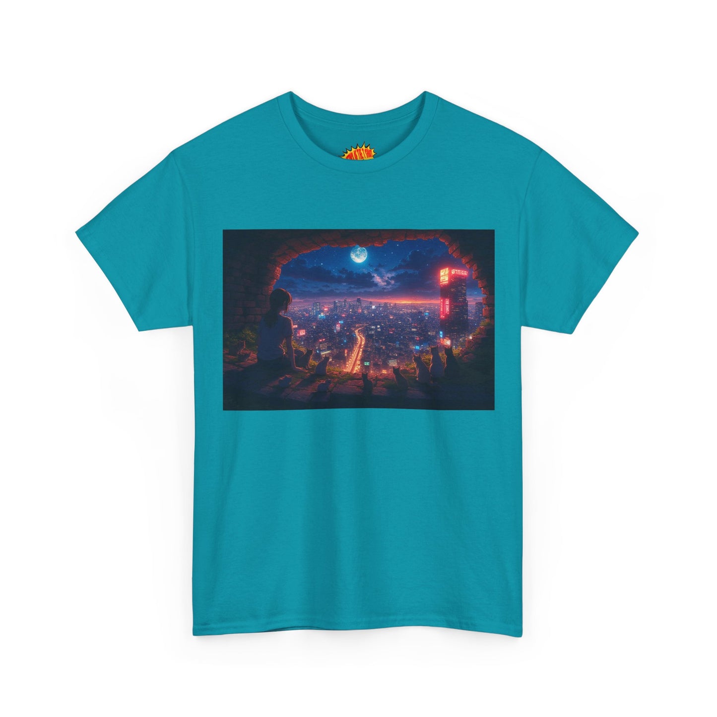 Anime Neon Cityscape Nighttime Scene w/Girl & Cats T-Shirt *Multiple Colors*