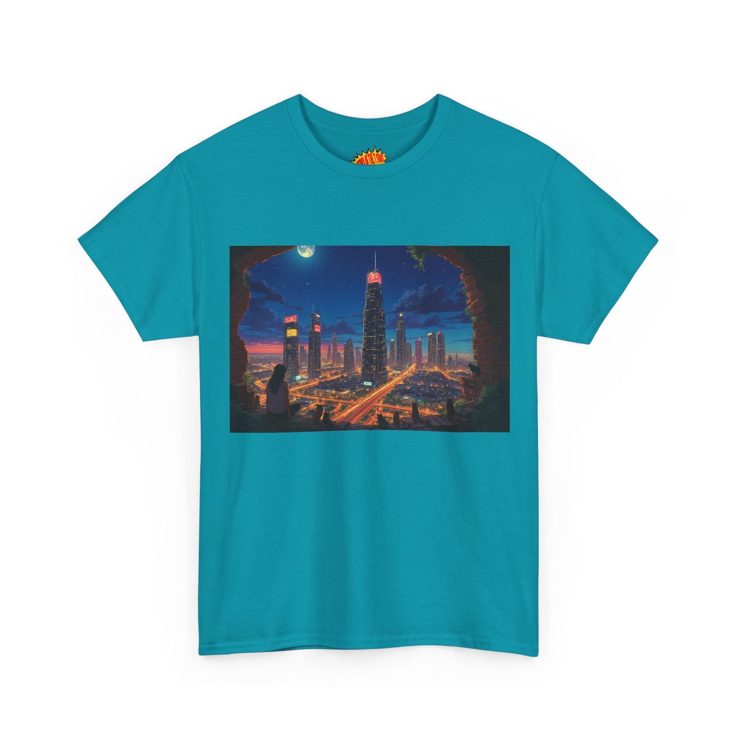 Anime Cityscape Night Scene w/Girl & Cats T-Shirt *Multiple Colors*
