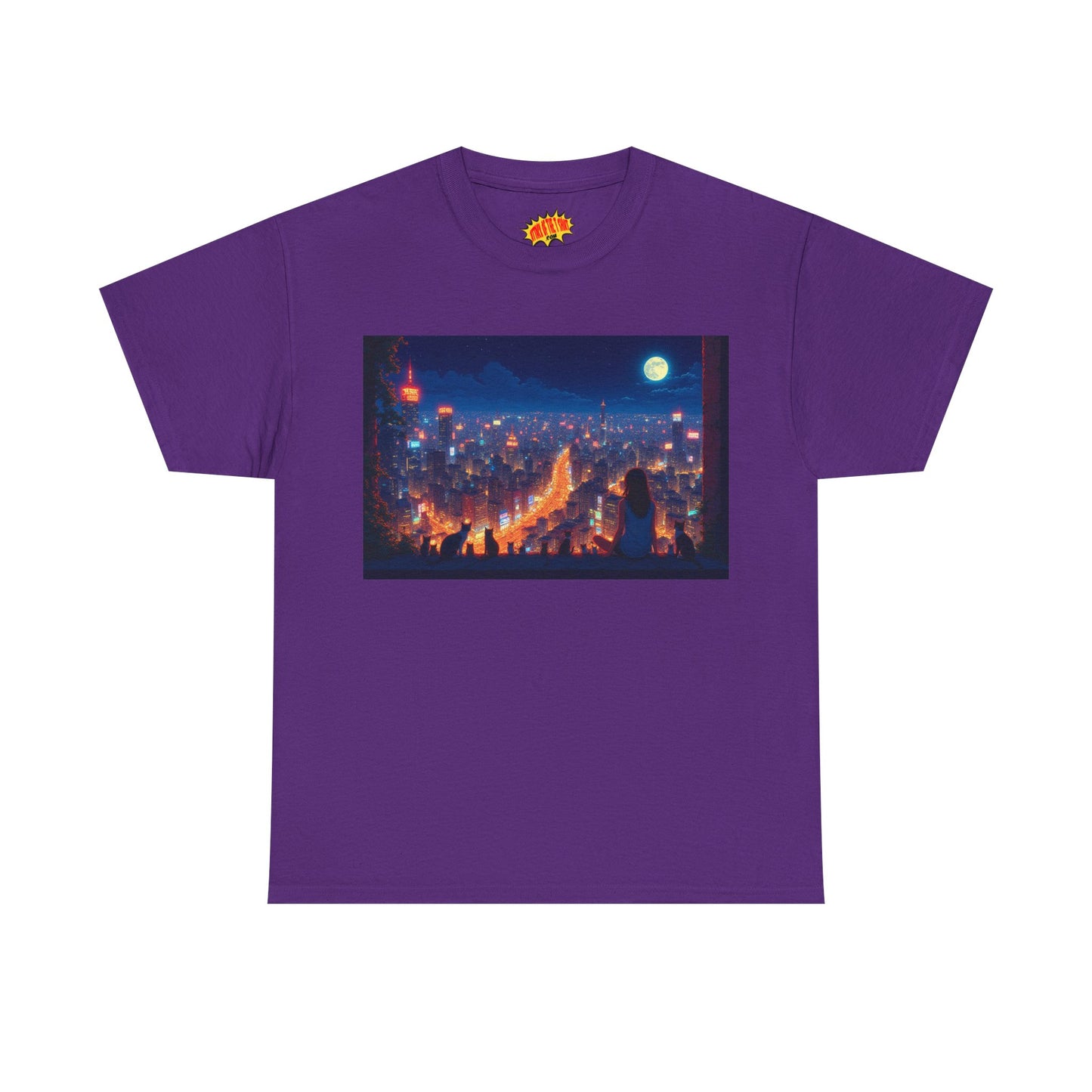 Anime City Night Scene w/Girl & Cats T-Shirt *Multiple Colors*