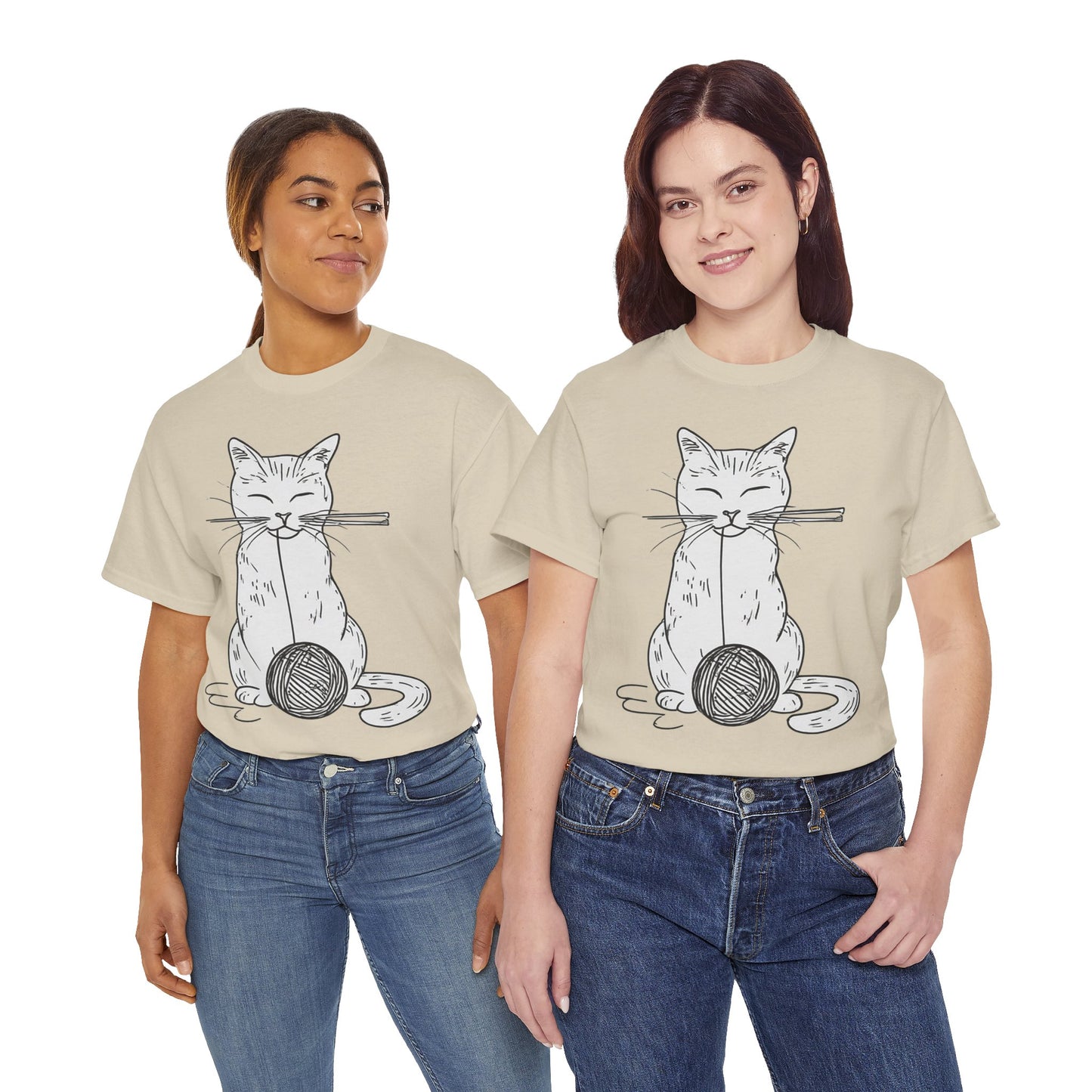 White Cat w/Yarn Ball Art Drawing Tee Shirt *Multiple Colors*
