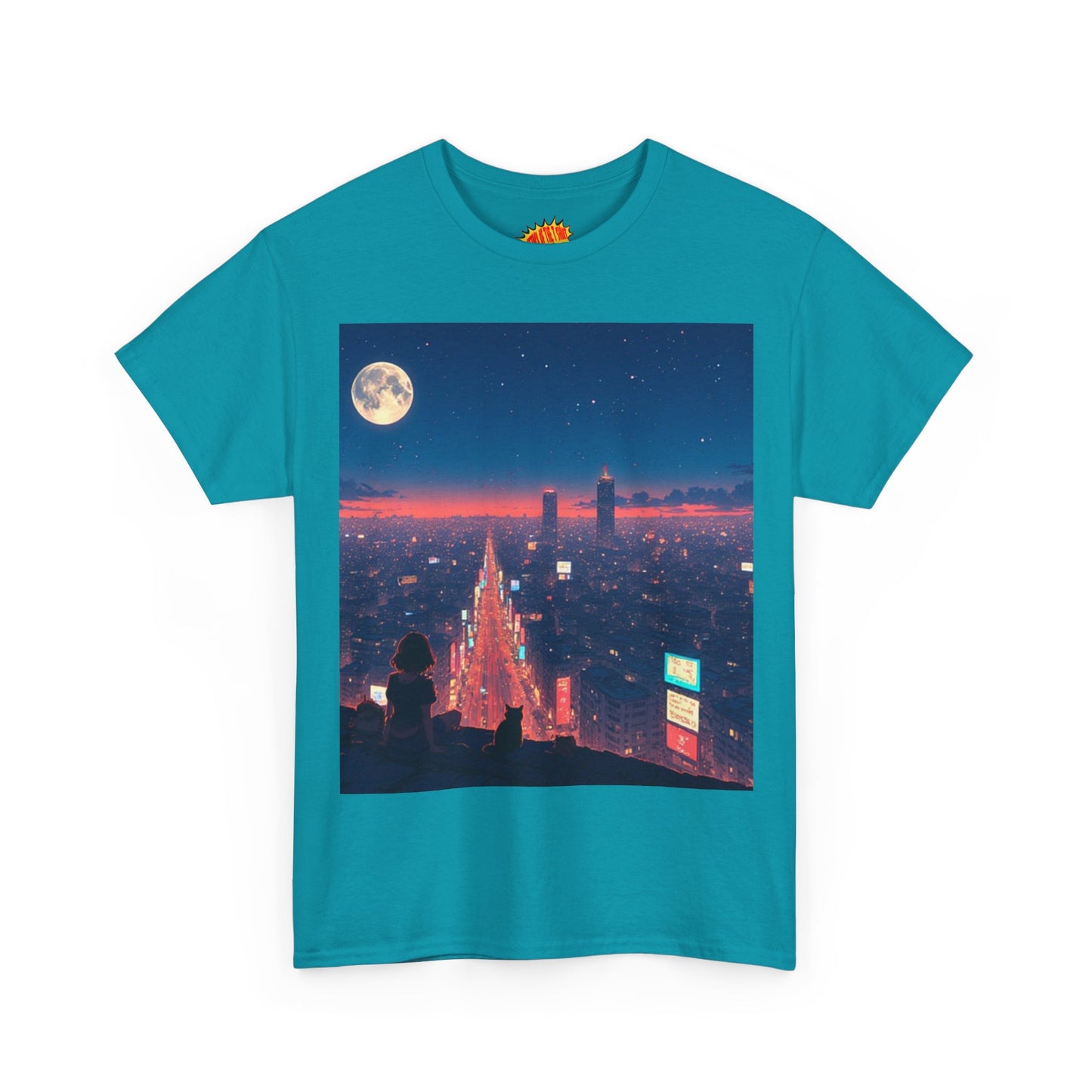 Anime Neon City Night Scene w/Girl & Cats T-Shirt *Multiple Colors*