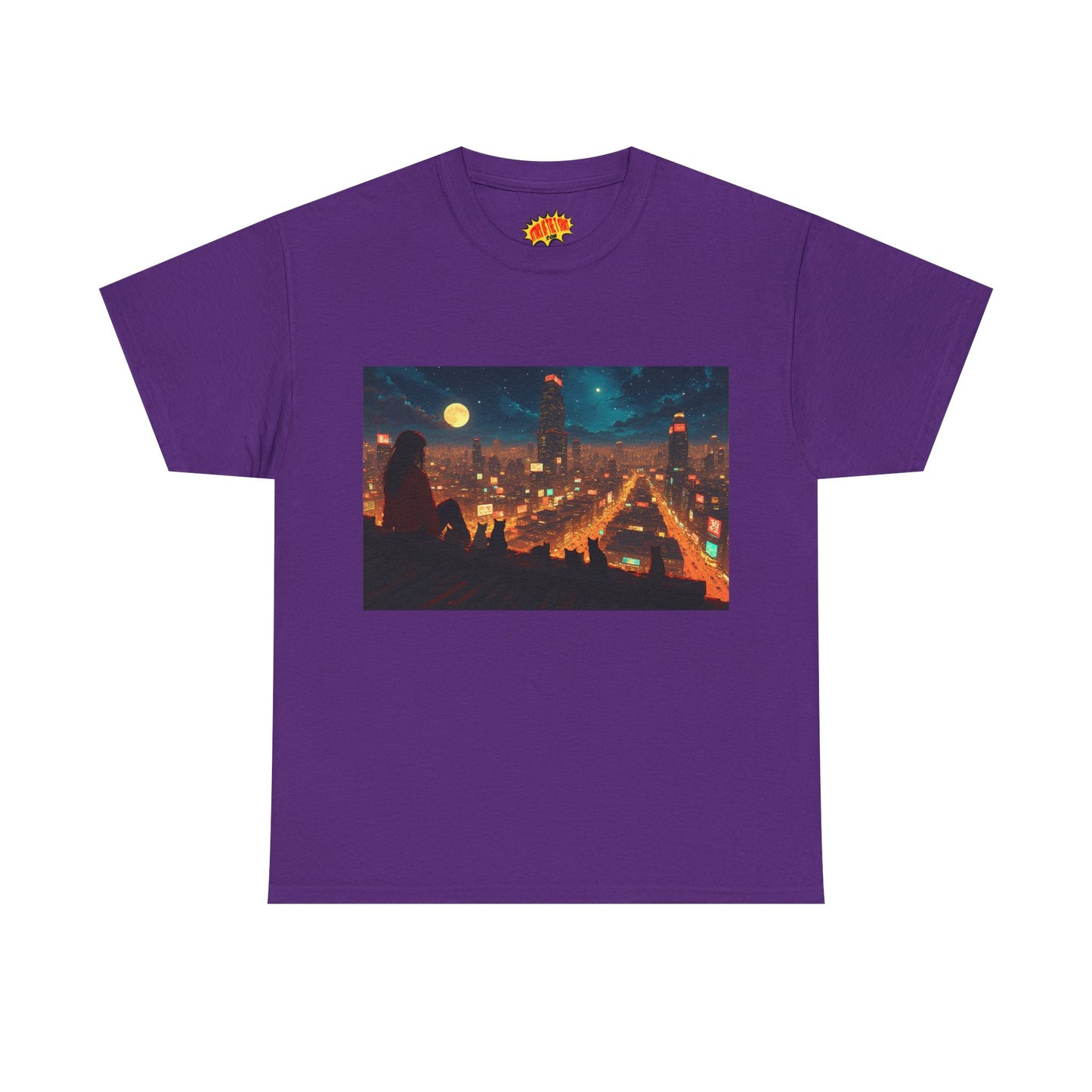 Anime Style Neon City Scene w/Girl & Cats T-Shirt *Multiple Colors*