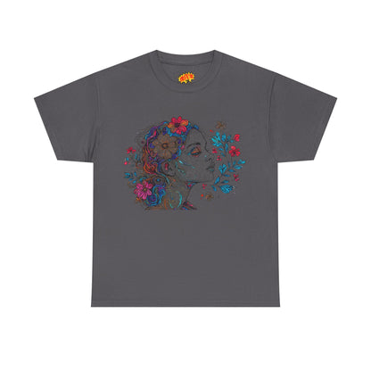 Multicolor Line Drawing Human Graphic Flower Art Tee Shirt