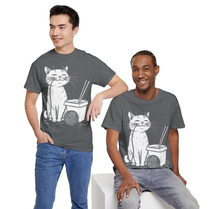 Happy Cat w/Noodles + Yarn Ball Art Drawing Tee Shirt