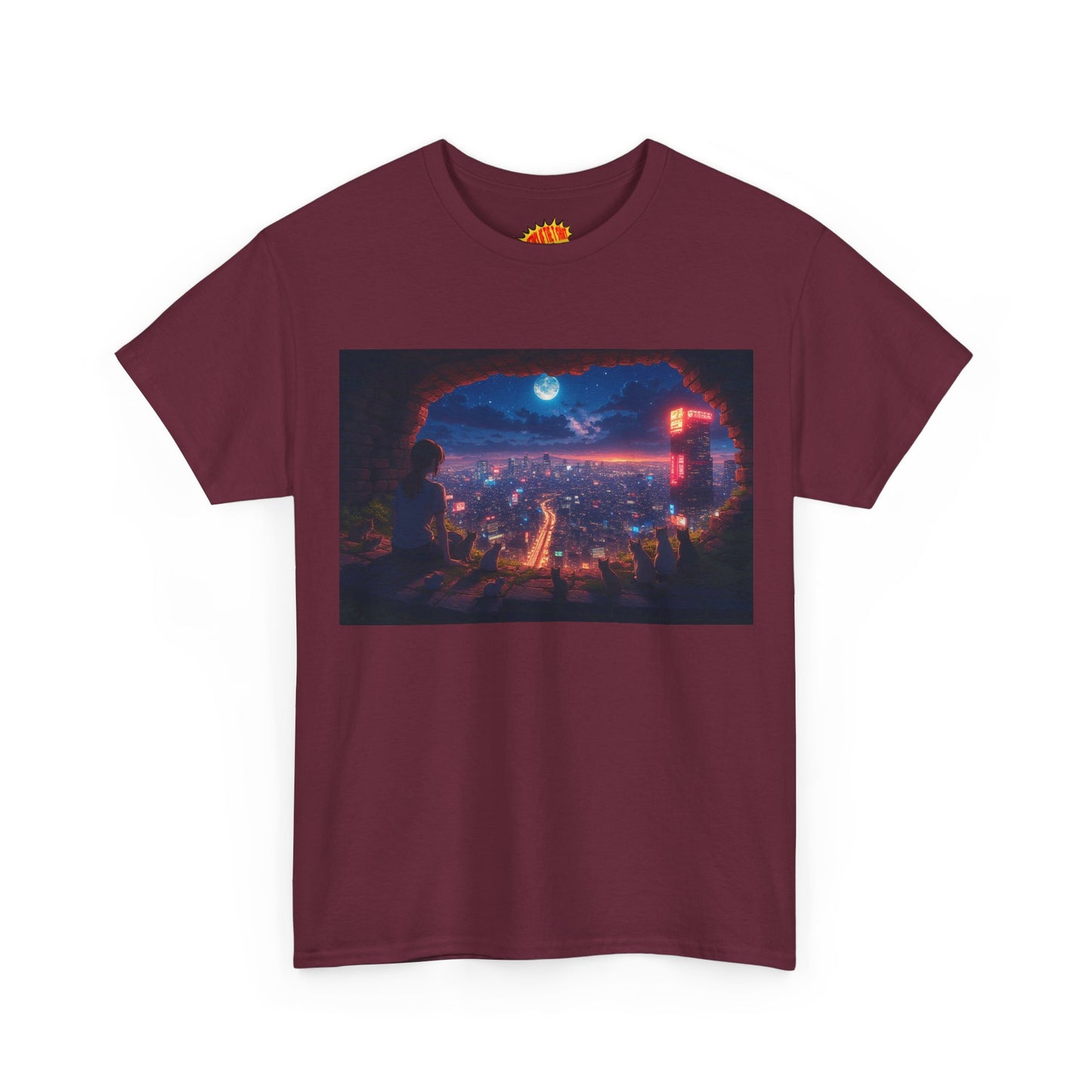Anime Neon Cityscape Nighttime Scene w/Girl & Cats T-Shirt *Multiple Colors*
