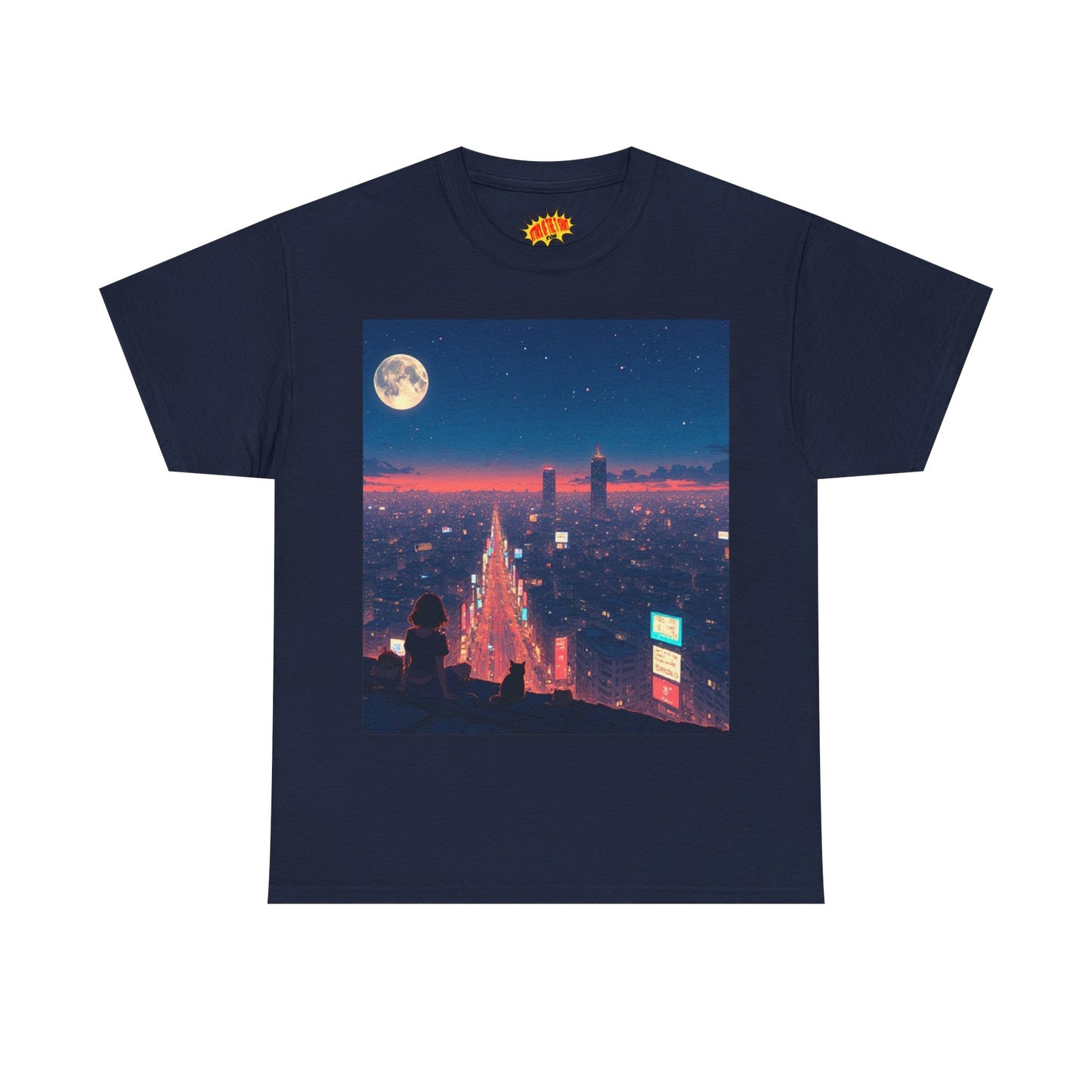 Anime Neon City Night Scene w/Girl & Cats T-Shirt *Multiple Colors*
