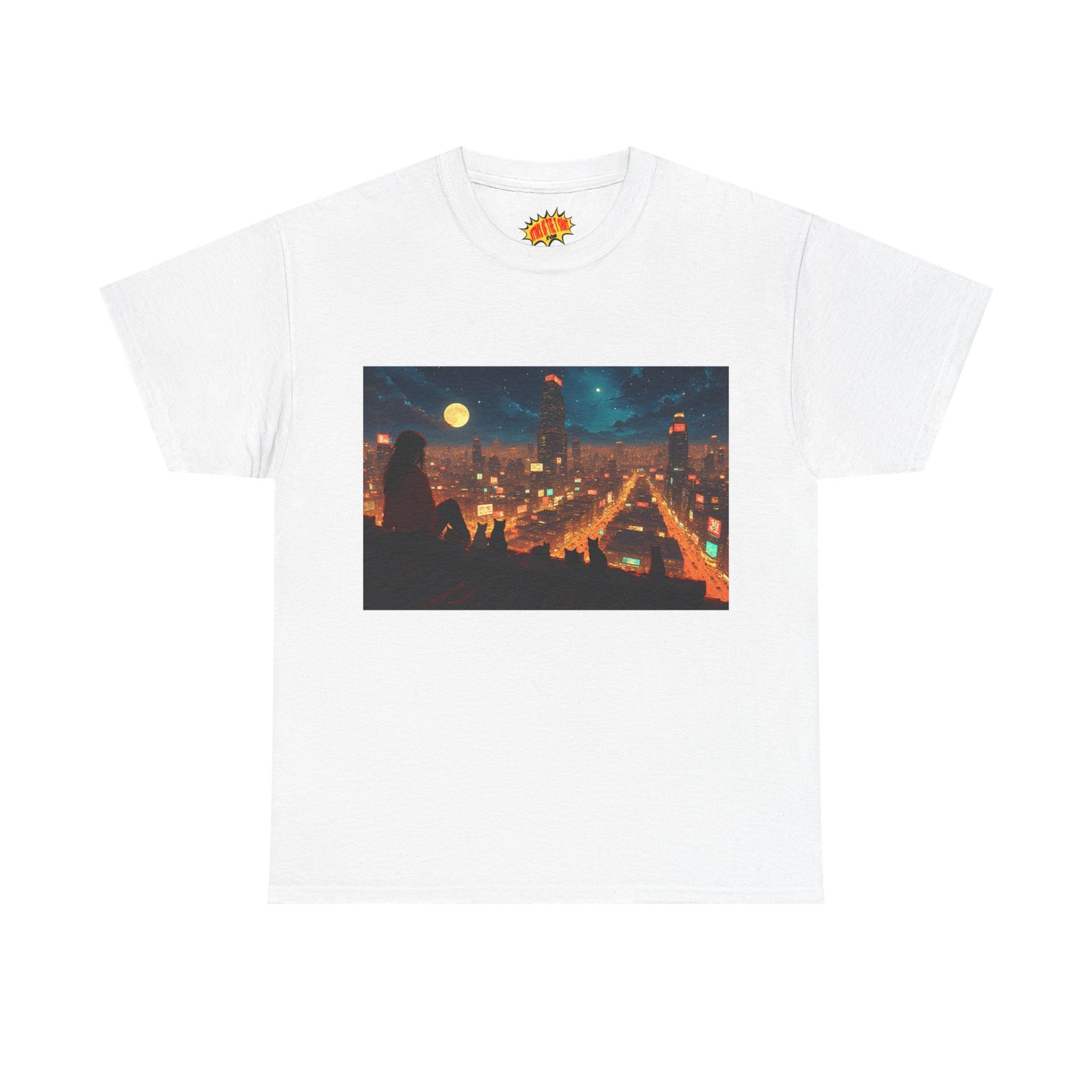 Anime Style Neon City Scene w/Girl & Cats T-Shirt *Multiple Colors*