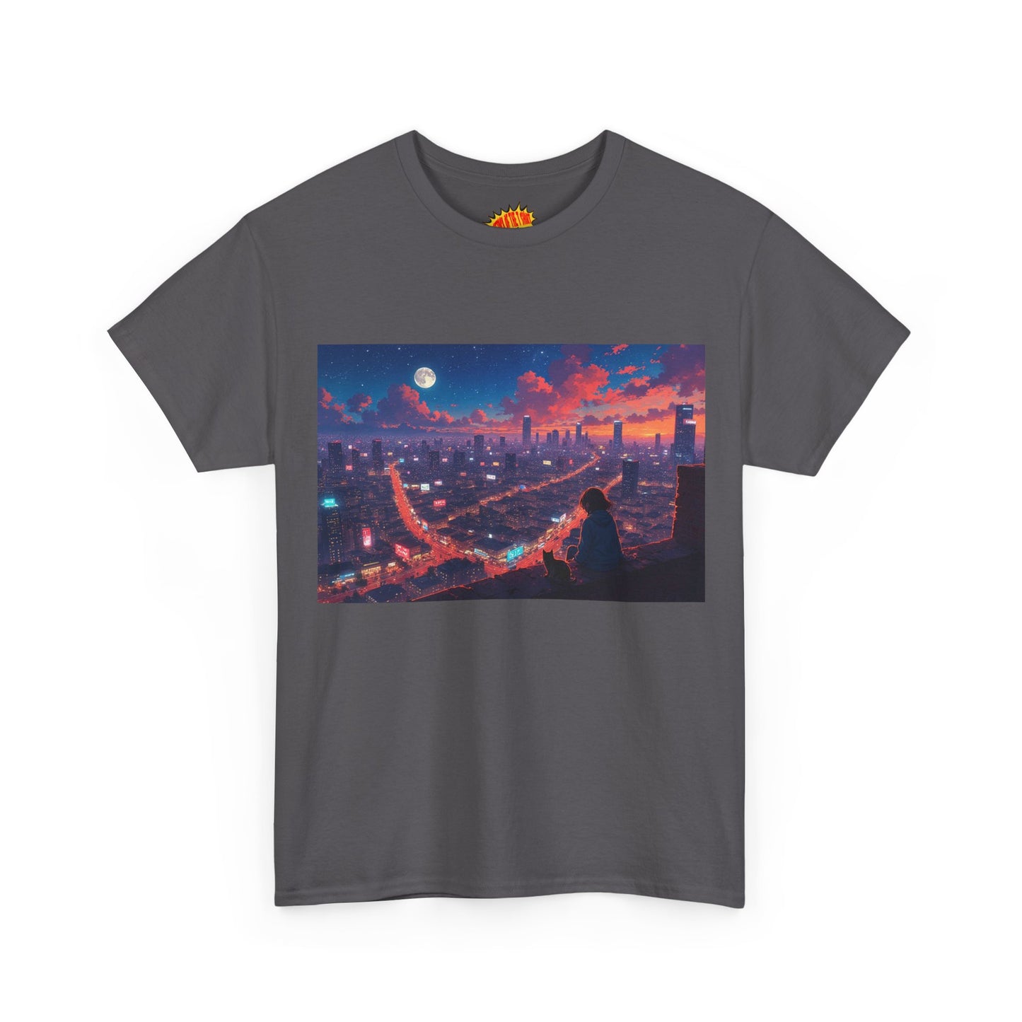 Anime City Neon Night Sky Scene w/Girl & Cats T-Shirt *Multiple Colors*